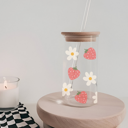 Strawberries and Daisies Glass Tumbler