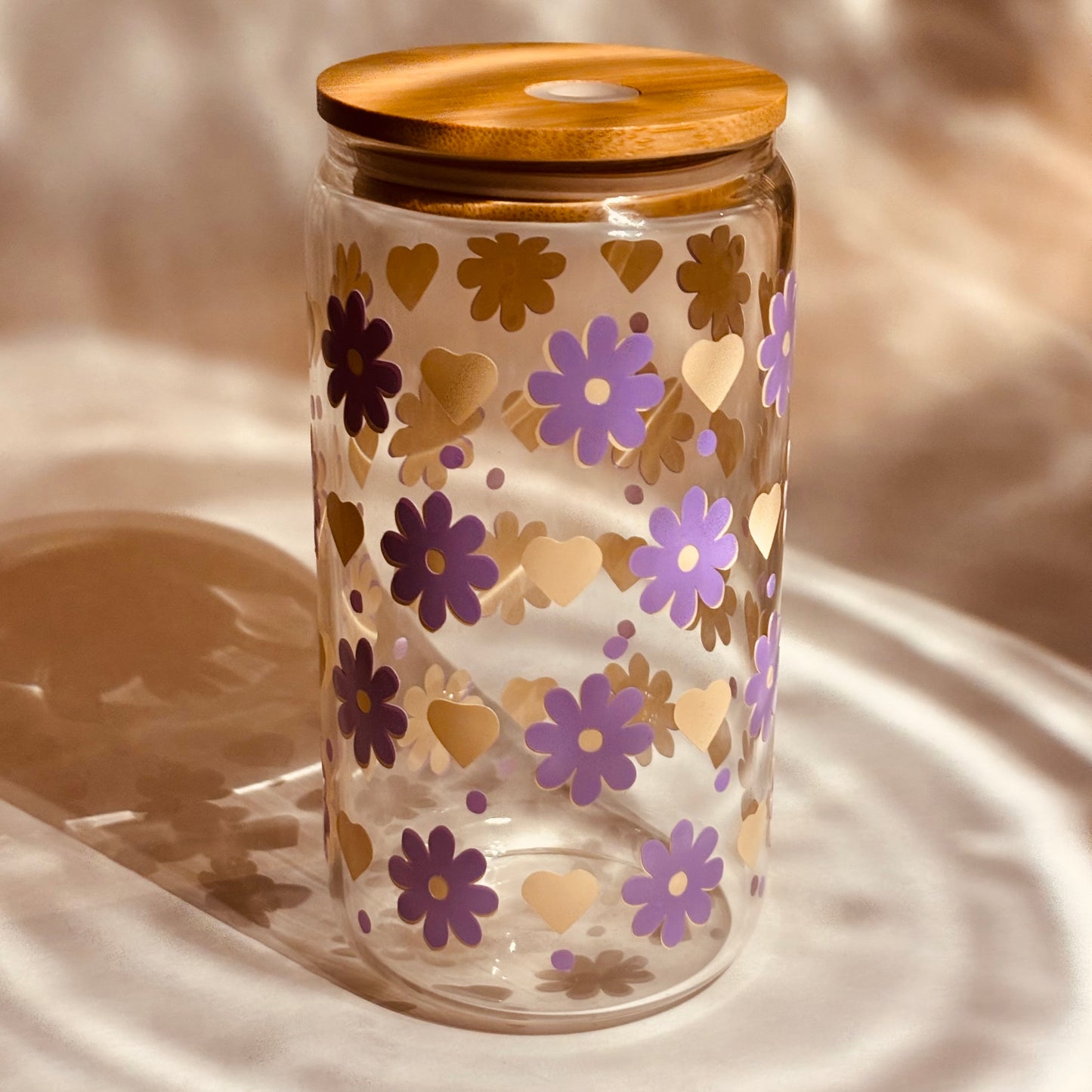 Purple Flower and Yellow Hearts Glass Tumbler