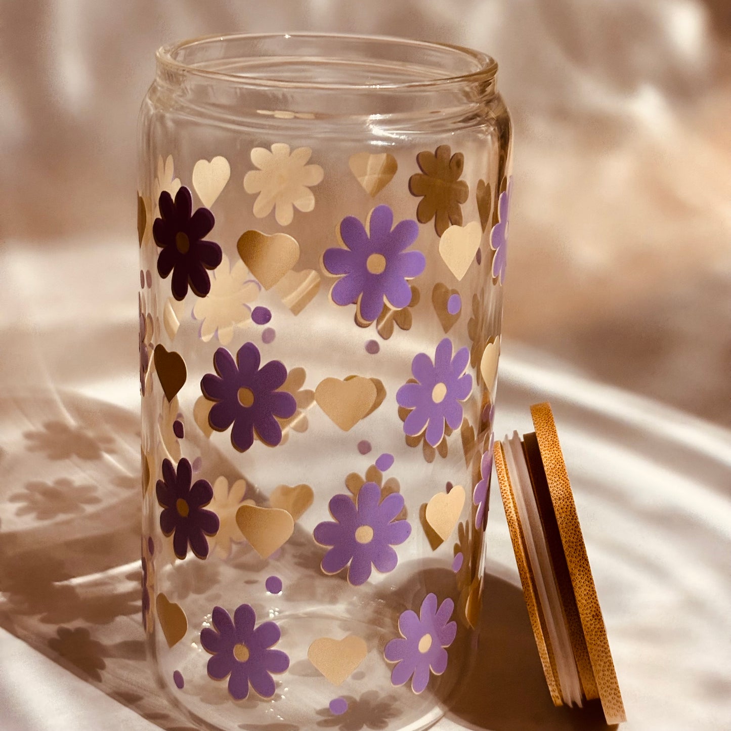 Purple Flower and Yellow Hearts Glass Tumbler