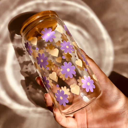 Purple Flower and Yellow Hearts Glass Tumbler