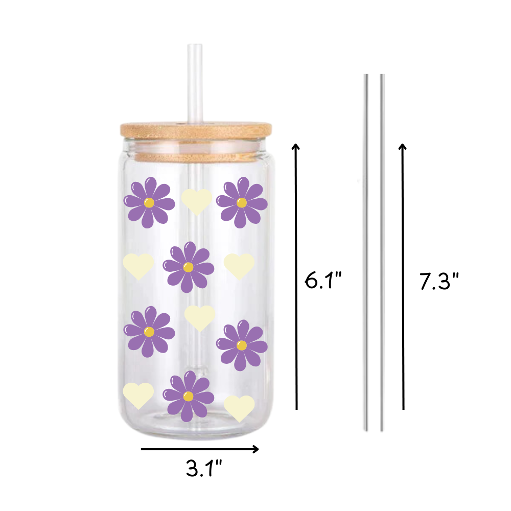 Purple Flower and Yellow Hearts Glass Tumbler